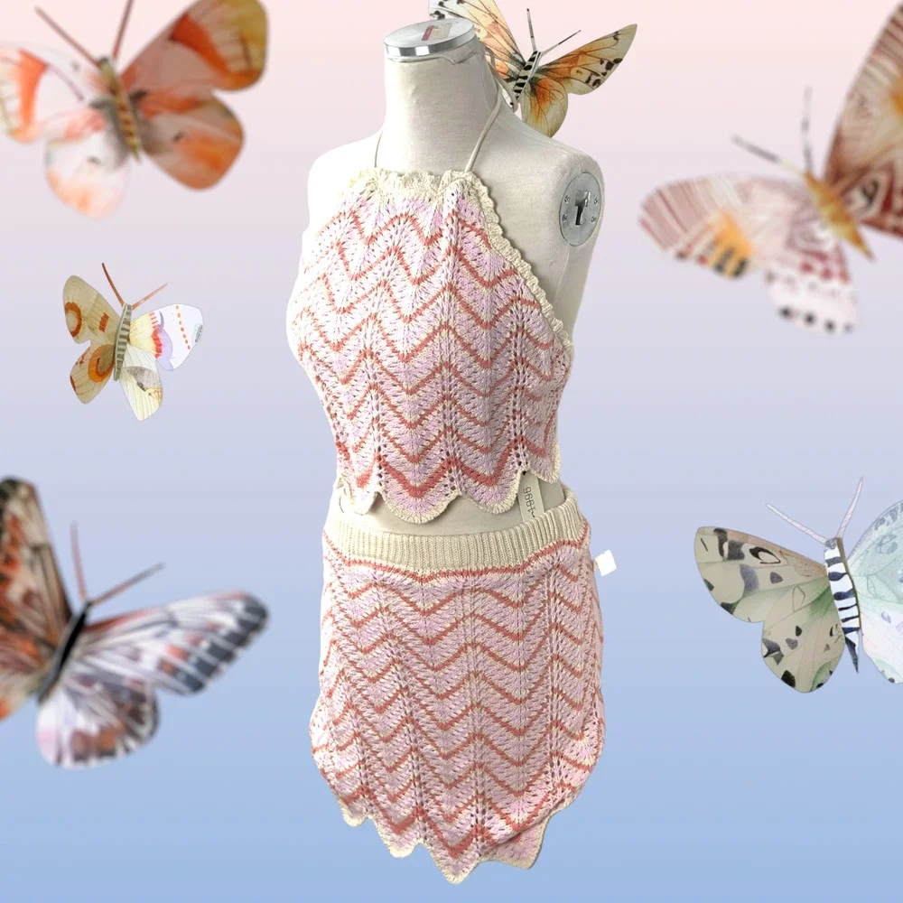 Women’s Crochet 2 Piece Set Skirt Cropped Top Backless Pink Orange Beige New WT - Picture 3 of 16